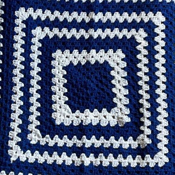 Handmade Crochet Blue White Throw Blanket - Picture 4 of 9